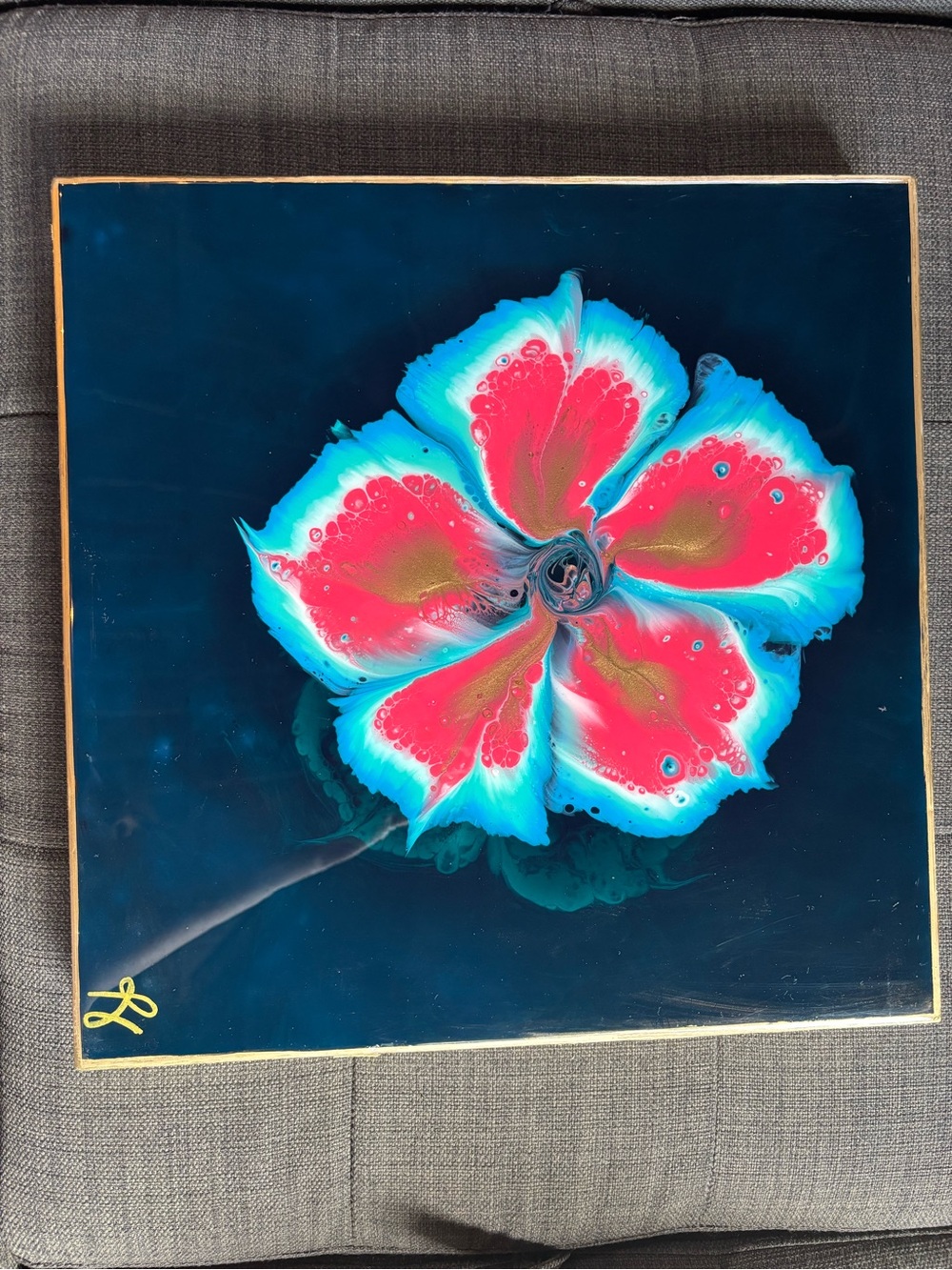 ‘Illusion’ Resin Art on Wood - by Mohanima: Blue and Pink Floral Resin Wall Art